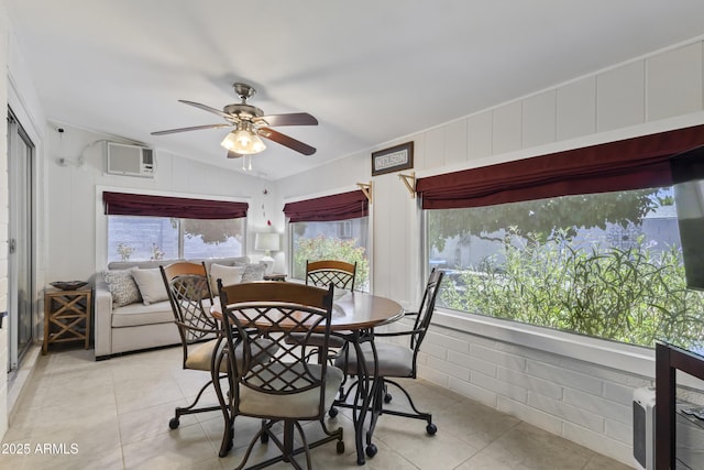 6263 E Duncan St, Mesa, AZ 85205 - sunroom with ceiling fan, an AC wall unit, outdoor dining space, tile patterned floors, and vaulted ceiling