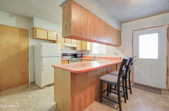 kitchen with a wealth of natural light, a textured ceiling, under cabinet range hood, and freestanding refrigerator