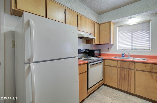 kitchen with white appliances, under cabinet range hood, light countertops, a sink, and a textured ceiling
