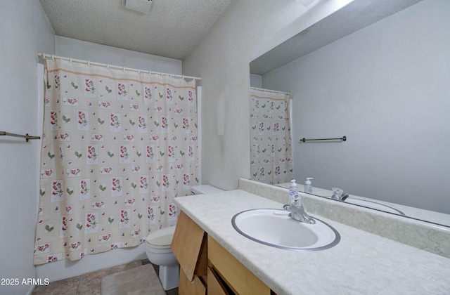 bathroom featuring a textured ceiling, visible vents, toilet, shower / bathtub combination with curtain, and vanity