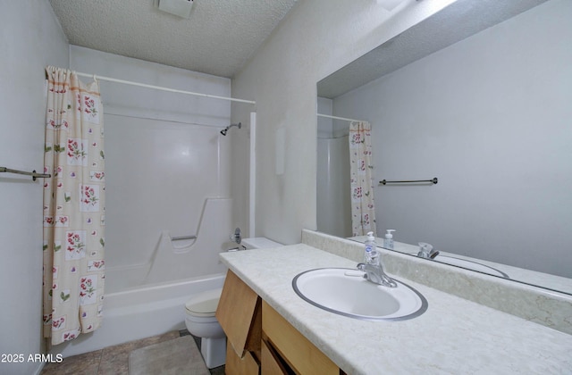 bathroom with vanity, shower / bath combination with curtain, toilet, visible vents, and a textured ceiling