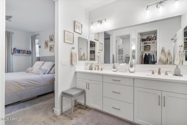 full bath with connected bathroom, a walk in closet, a sink, and double vanity