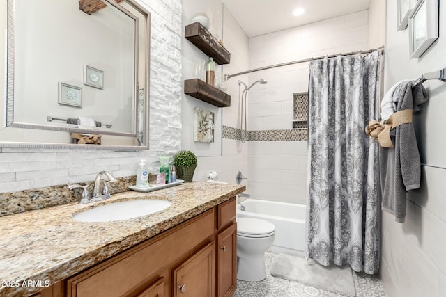 42711 N 45th Dr, Phoenix, AZ 85087 - full bathroom with vanity, shower / bathtub combination with curtain, tile patterned floors, and toilet