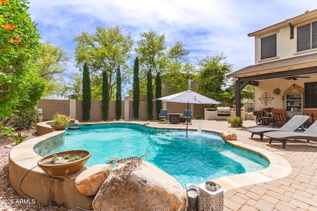 42711 N 45th Dr, Phoenix, AZ 85087 - view of pool with a patio, a fenced backyard, ceiling fan, and a fenced in pool