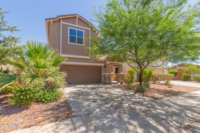19771 W Woodlands Ave, Buckeye, AZ 85326 - craftsman house with an attached garage, driveway, stone siding, and stucco siding