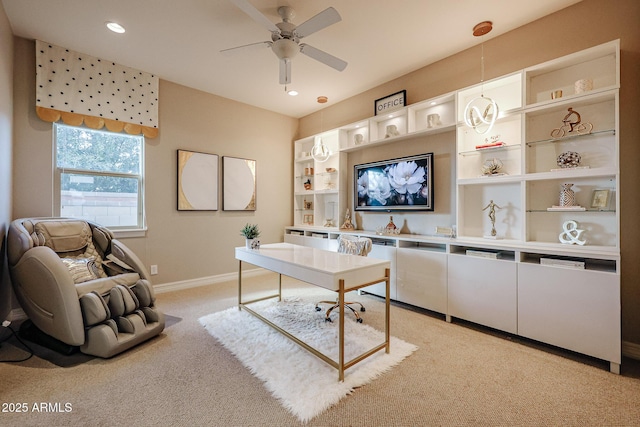 office space with recessed lighting, a ceiling fan, light colored carpet, and baseboards