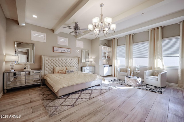 bedroom featuring beam ceiling, baseboards, wood finished floors, and a chandelier