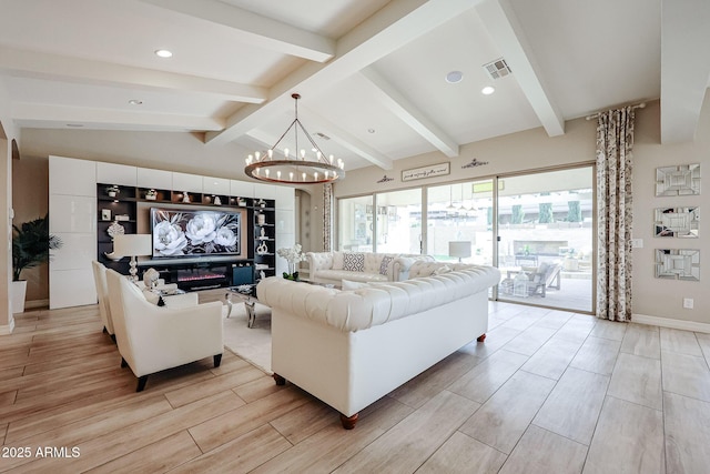 living area featuring visible vents, lofted ceiling with beams, an inviting chandelier, recessed lighting, and light wood finished floors