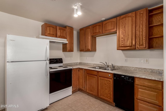 kitchen with electric range, a sink, freestanding refrigerator, black dishwasher, and under cabinet range hood
