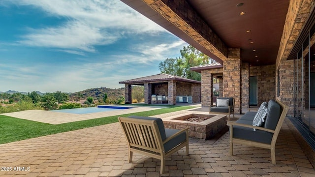 15217 N 15th Dr, Phoenix, AZ 85023 - view of patio / terrace with a gazebo, an outdoor living space with a fire pit, and a mountain view