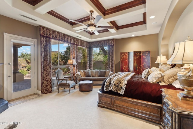 bedroom featuring visible vents, coffered ceiling, ornamental molding, carpet, and access to outside