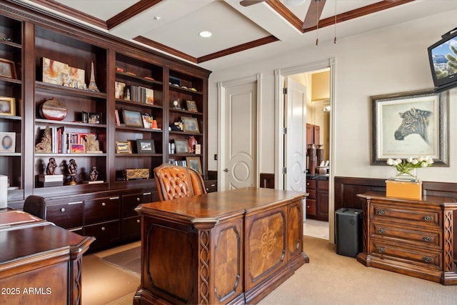 office area featuring a wainscoted wall, light carpet, ceiling fan, coffered ceiling, and beamed ceiling