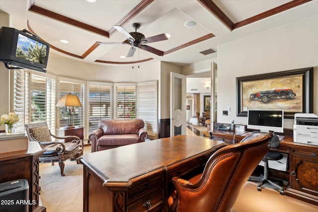 office featuring coffered ceiling, visible vents, ceiling fan, and ornamental molding