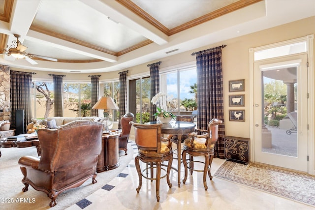 dining area with visible vents, coffered ceiling, a ceiling fan, ornamental molding, and beamed ceiling