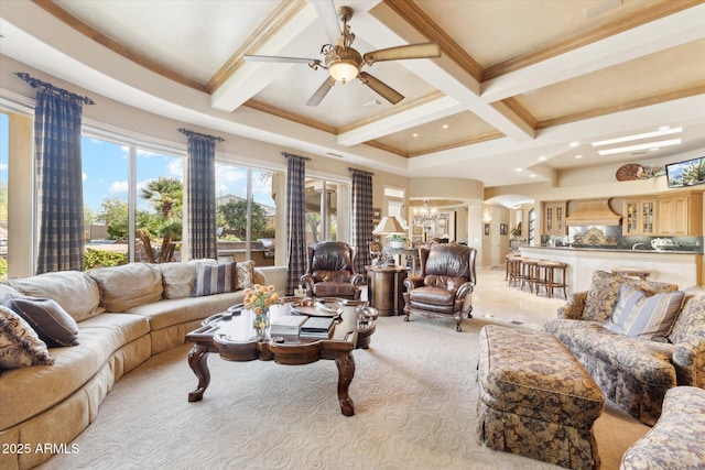 carpeted living area with crown molding, arched walkways, coffered ceiling, and beam ceiling