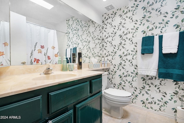 bathroom featuring tile patterned flooring, visible vents, toilet, a shower with shower curtain, and vanity