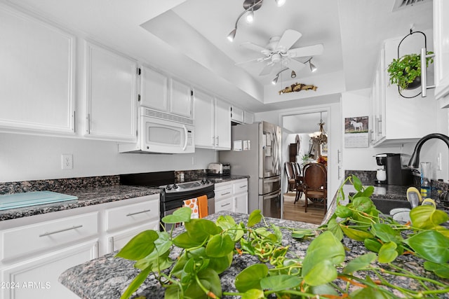 kitchen featuring a tray ceiling, stainless steel appliances, wood finished floors, white cabinetry, and a ceiling fan