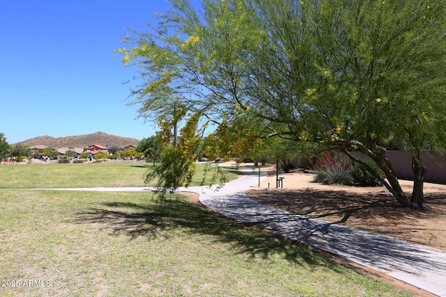 view of community featuring a mountain view and a yard