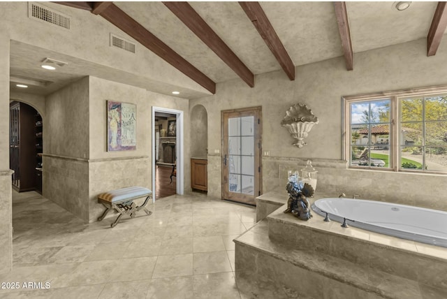 4726 E Sierra Vista Dr, Paradise Valley, AZ 85253 - bathroom with visible vents, tile patterned floors, a garden tub, and beamed ceiling