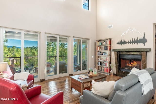 living room featuring hardwood / wood-style flooring and a high ceiling