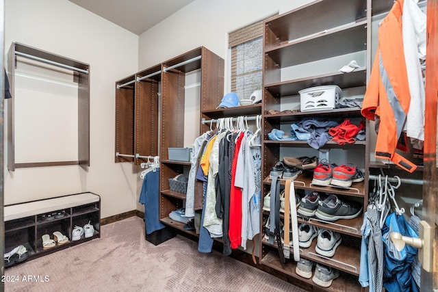 walk in closet with carpet floors