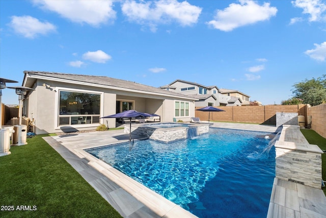 view of swimming pool featuring an in ground hot tub, pool water feature, and a patio area