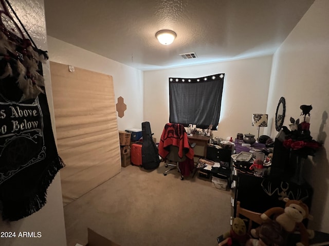 interior space with visible vents, a textured ceiling, and carpet floors