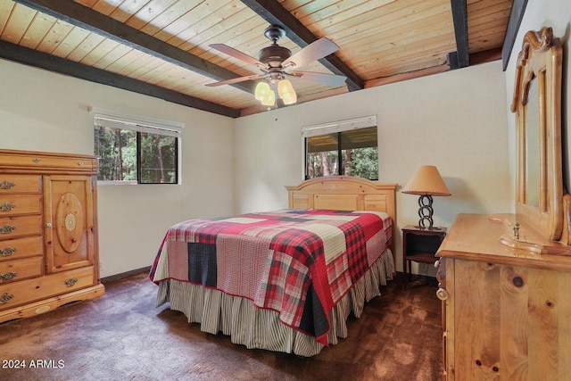 bedroom with dark colored carpet, beam ceiling, wooden ceiling, and a ceiling fan