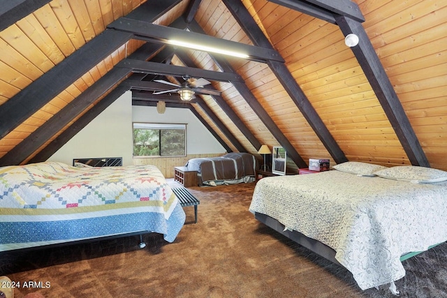 carpeted bedroom with lofted ceiling with beams and wood ceiling