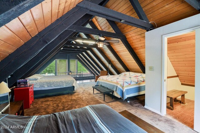 bedroom with access to exterior, wood ceiling, lofted ceiling with beams, and baseboards