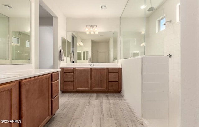 27418 W Mohawk Ln, Buckeye, AZ 85396 - bathroom with a walk in shower, wood finished floors, and two vanities