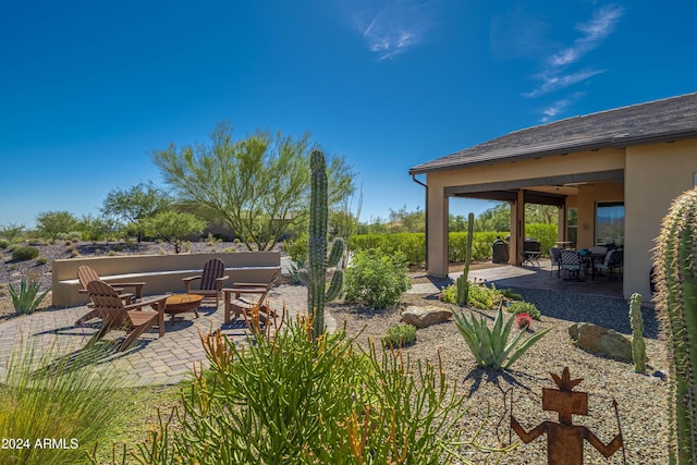 view of yard featuring a fire pit and a patio area