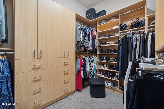 walk in closet with light colored carpet