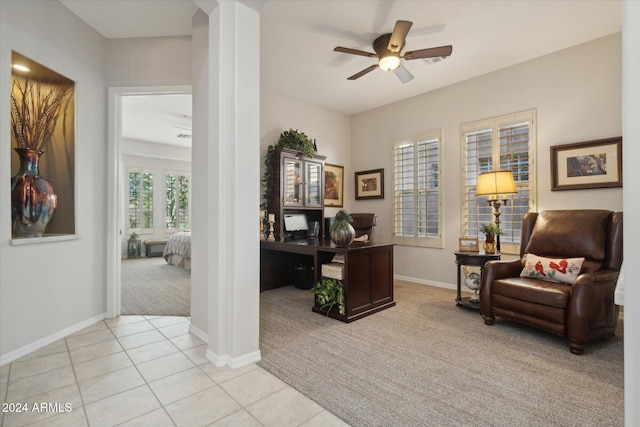 tiled office with ceiling fan