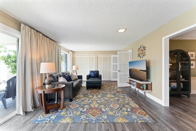 living area featuring a textured ceiling, baseboards, and wood finished floors