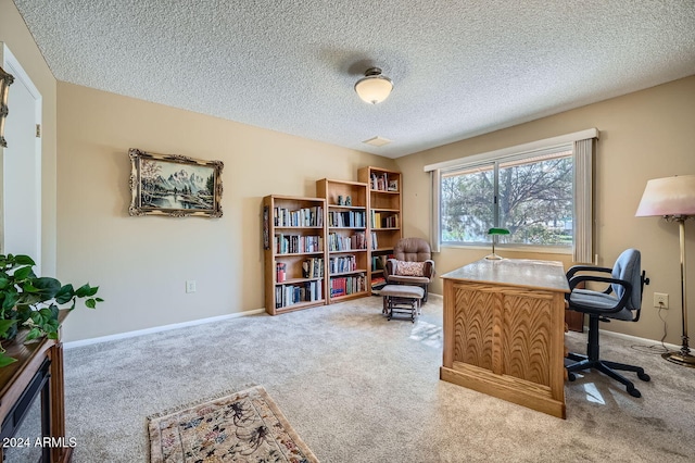 carpeted office with a textured ceiling