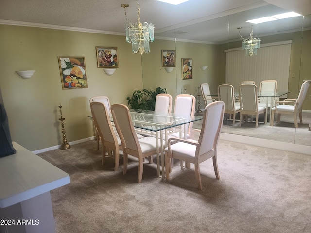 carpeted dining room featuring crown molding and a chandelier