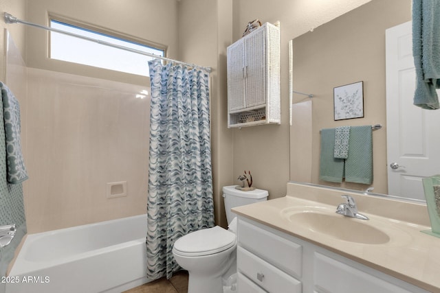 4293 E Sourwood Dr, Gilbert, AZ 85298 - full bath featuring toilet, vanity, shower / bathtub combination with curtain, and tile patterned flooring