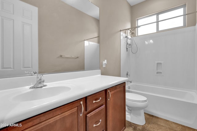 full bathroom with vanity,  shower combination, and toilet