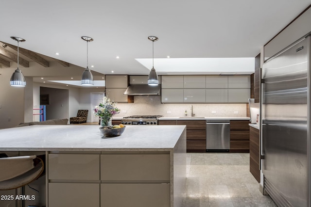 8312 N Golf Dr, Paradise Valley, AZ 85253 - kitchen with modern cabinets, tasteful backsplash, a sink, stainless steel appliances, and wall chimney exhaust hood