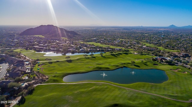 bird's eye view featuring a water and mountain view