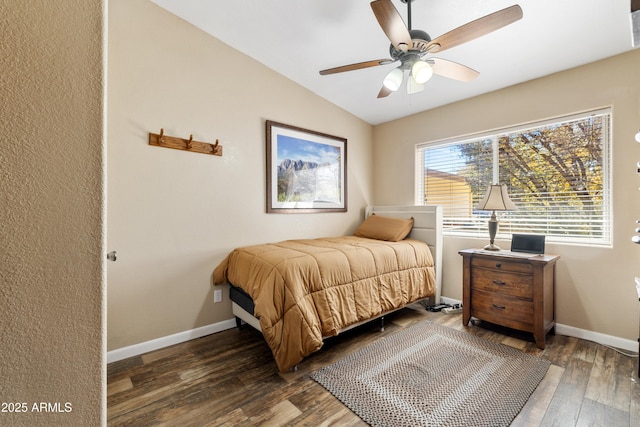 11180 E Navajo Dr, Dewey, AZ 86327 - bedroom with ceiling fan, baseboards, vaulted ceiling, and wood finished floors