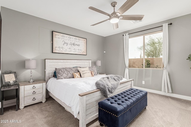 bedroom featuring ceiling fan, carpet, visible vents, and baseboards