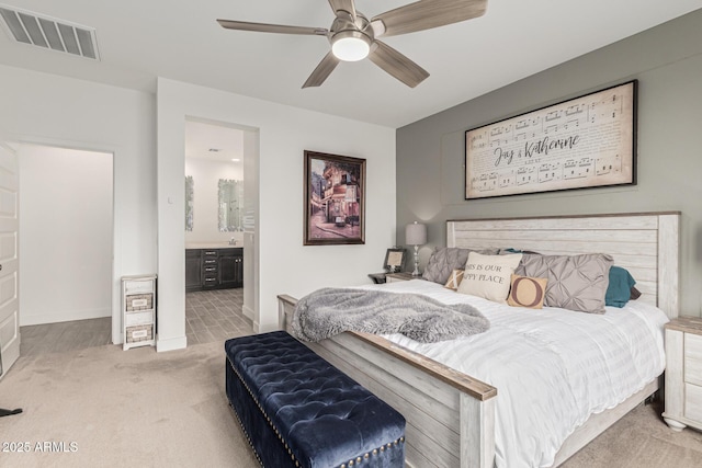 bedroom with visible vents, ceiling fan, ensuite bath, and carpet