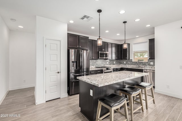 kitchen with tasteful backsplash, visible vents, a kitchen bar, stainless steel appliances, and a sink