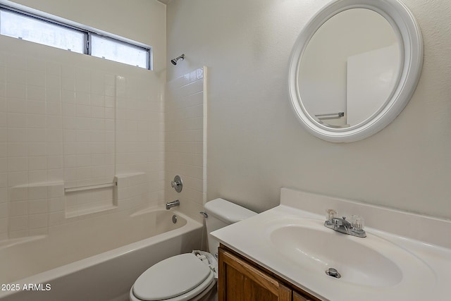 full bath featuring toilet, shower / bath combination, and vanity