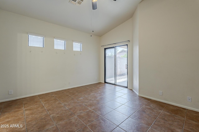 tiled empty room with a ceiling fan, baseboards, visible vents, and plenty of natural light