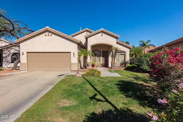 6970 W Paso Trl, Peoria, AZ 85383 - mediterranean / spanish home featuring a front yard, stucco siding, driveway, and an attached garage
