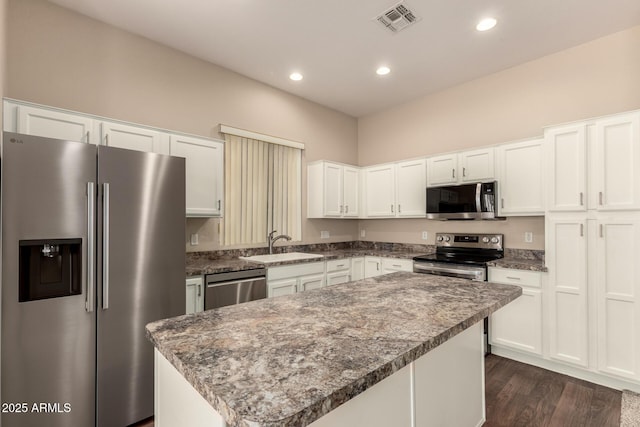 6970 W Paso Trl, Peoria, AZ 85383 - kitchen featuring white cabinetry, a sink, visible vents, stainless steel appliances, and dark wood-style floors