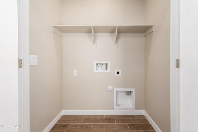 5656 N 205th Ln, Buckeye, AZ 85396 - washroom featuring electric dryer hookup, wood tiled floors, hookup for a washing machine, and baseboards